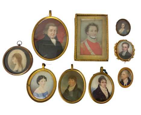 Collection of portrait miniatures on ivory, the largest a Georgian gentleman, 9 x 8cm, in oval glazed frame. (9). APHA Ref: 2