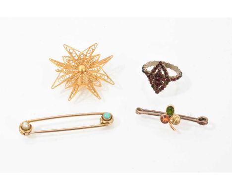 Regency-style yellow metal filigree Maltese Cross pendant/brooch, two Edwardian bar brooches and a 19th century Bohemian garn