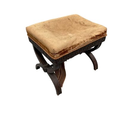 19th century Greek revival stool, by Freemans of Norwich, with rectangular seat on Greek keg frieze and X-frame supports, ste