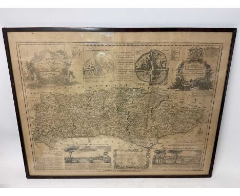 18th century hand tinted engraved map of Sussex by Emmanuel Bowen, the plate 51 x 72cm, in glazed frame