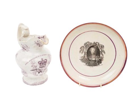 King William IV &amp; Queen Adelaide Coronation 1831 commemorative jug with printed puce portraits and crowned rose, thistle 