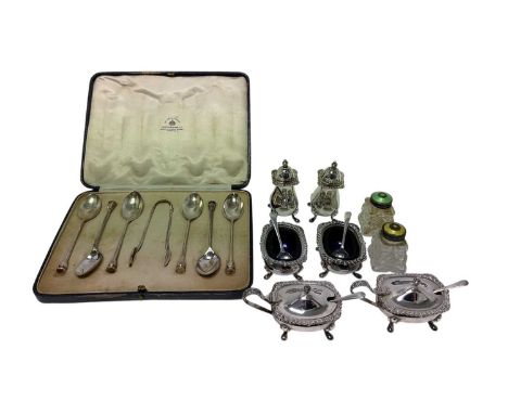 Contemporary silver six piece condiment set, comprising pair salts, pair mustards with blue glass liners and pair of peppers 