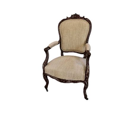 Louis XVI style open elbow chair with painted frame and pad upholstered back seat and arms on cabriole legs