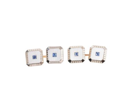 Set of Art Deco gold and mother of pearl dress cufflinks with a blue sapphire to the centre, in white and yellow gold setting