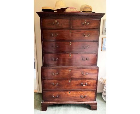 George III mahogany chest on chest, having two short over six long graduated drawers, each with original brass fittings, 108c