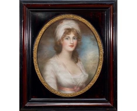 English School, early 19th century, pastel portrait of a young lady in white dress, oval, 59cm x 49cm, in oval gilt slip and 