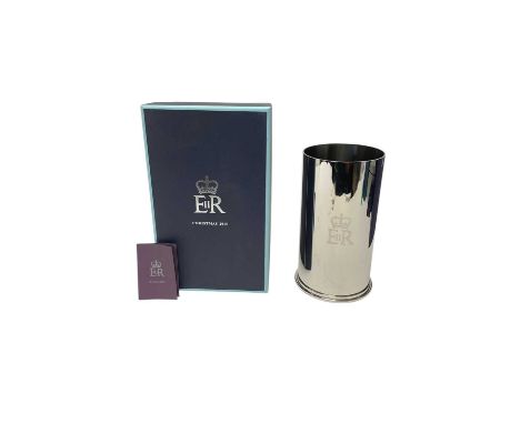 H.M. Queen Elizabeth II, Royal Household 2015 Christmas gift silver plated bottle sleeve with crowned ERII cypher in box with
