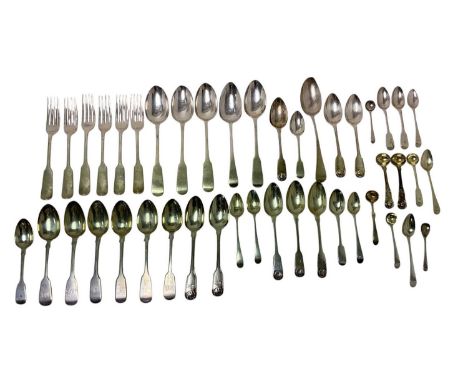 Large selection of Georgian and later silver flatware, mainly Fiddle pattern, including some Scottish (various dates and make