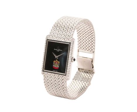 Fine 1980s Baume & Mercier 18ct white gold dress watch on integral 18ct white gold mesh bracelet with black dial decorated wi
