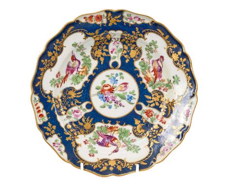 A Worcester cabinet plate, circa 1770, decorated in the Lady Mary Wortley Montagu pattern, painted in the London atelier of J