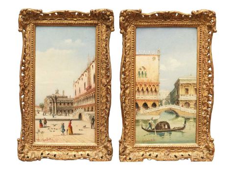 Marco Grubas (1839-1910) pair of oils on panel - Venetian Views, signed, 27cm x 15cm, in gilt frames