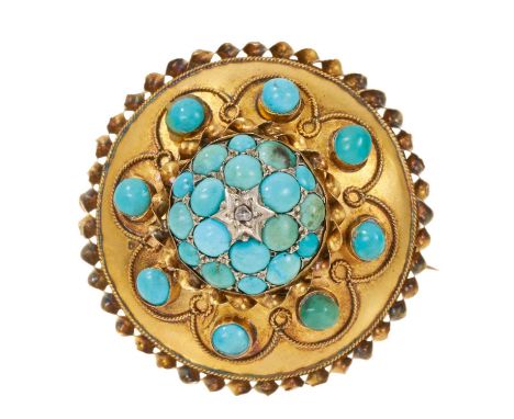Victorian turquoise and diamond gold target brooch, the circular domed plaque with applied decoration. Marked 15ct. Diameter 