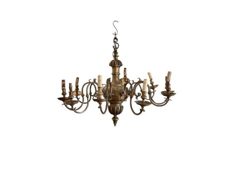 Very large 18th century style brass ten branch electrolier with central knopped column issuing scrolling arms,  approximately