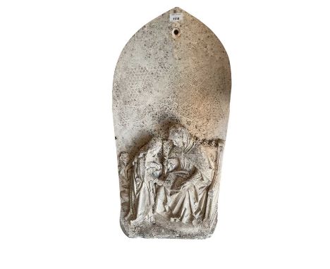 Substantial ecclesiastical composition relief plaque, of arched form with mediaeval style ecclesiastical composition, 87cm hi