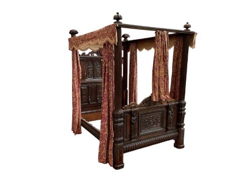 Antique carved oak four poster double bed with carved panels and turned supportsTotal dimensions 213 x 159cm, internal dimens