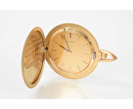 Longines 9ct gold pocket watch with button-wind movement in a slim gold case with brushed satin finish, 43mm diameter.The wat