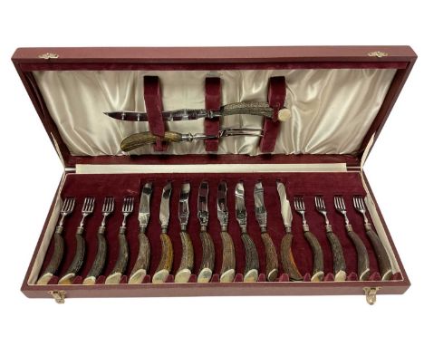 Set eight pairs of steak knives and forks with antler handles, and a matching carving knife and fork, by Asprey London, in a 