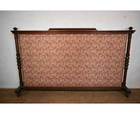 Unusually large Victorian mahogany inglenook fireplace screen, with rectangular stud closed foliate fabric banner in square s
