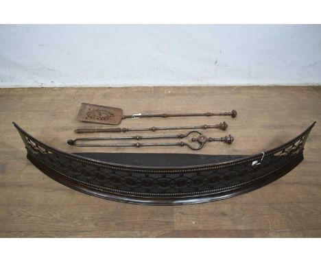 Small antique neo-classical bowfront steel fender, pierced roundel ornament, 115cm long, together with set of three Georgian 