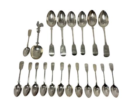 Collection of Georgian and later silver flatware to include six various Fiddle pattern tablespoons, twelve various Fiddle pat