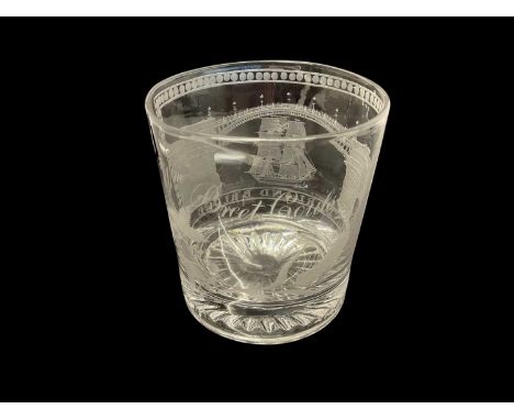 An early 19th century glass tumbler with moulded foot, engraved with an image of the Sunderland Bridge, also engraved Wm. Bre