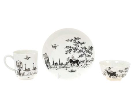 A Worcester trio, circa 1755-58, pencilled in black with the 'Boy on a Buffalo' pattern, the saucer 12.25cm diameterIn good c