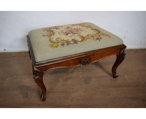 Mid 19th century carved walnut stool, with slip in tapestry seat on carved cabriole legs