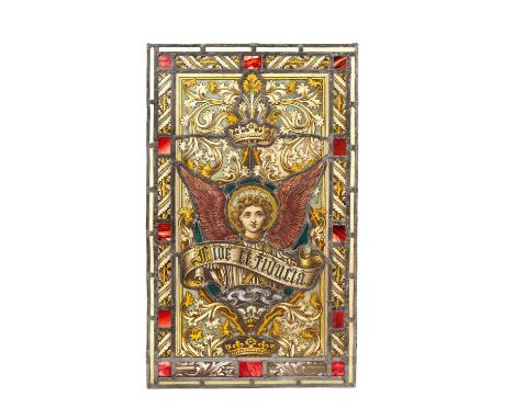 19th century Arts and Crafts revival stained glass panel, with angel and motto 'Fide et Fiducia' (in faith and trust), in aca