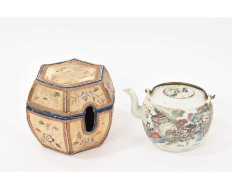A late 19th/early 20th century Qianjiang type teapot in unusual silk-embroidered case, the teapot painted with figures, seal 