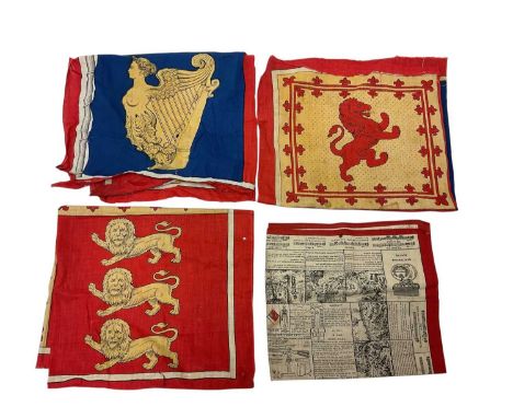 Three early 20th century printed cotton Royal Standard flags and Edwardian printed military themed handkerchief (4)62 x 74 cm