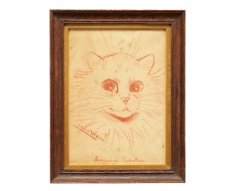 Louis Wain (1860-1939) red chalk on paper - A Cat, 'Hermione Eckstein', signed and inscribed, 12cm x 16cm, in glazed oak fram