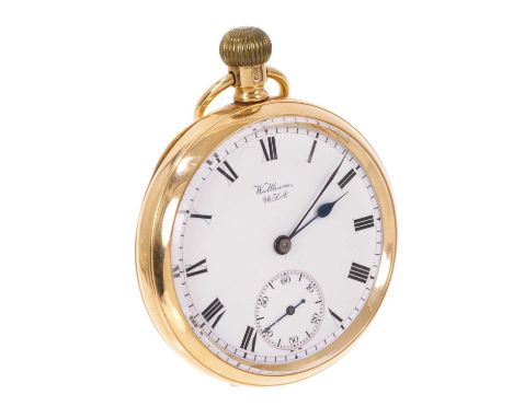 18ct gold Waltham pocket watch with button-wind Royal movement, circular white enamel dial with subsidiary seconds in circula