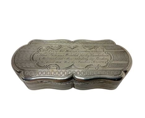 Victorian silver snuff box of shaped rectangular form, with engine turned decoration, hinged cover with engraved inscription 