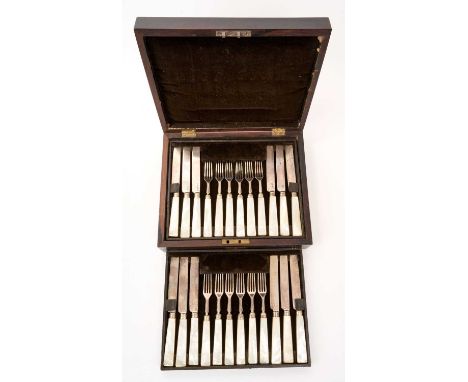 William IV/Victorian composite 36 piece dessert set (one pair missing) with silver blades and mother of pearl handles, in ori