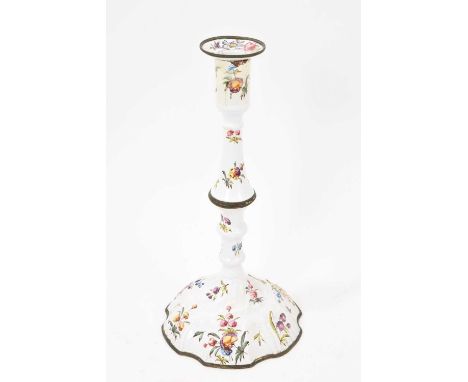 South Staffordshire enamel candlestick, circa 1770, of knopped and wrythen baluster form, decorated with floral sprigs, 28cm 