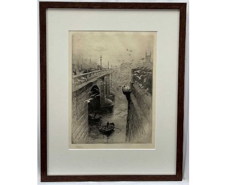 William Lionel Wyllie (1851-1931) signed etching - London Bridge and Southwark Cathedral, 29 x 21cm, glazed frameBasically ve