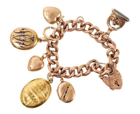 Edwardian 9ct rose gold gate bracelet suspending five antique yellow metal lockets and a seal