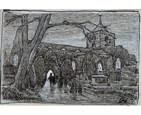 Albert Goodwin (1845-1932) pen and ink on tinted paper - The Evening Service, monogrammed, 7cm x 10cm, in glazed frameProvena
