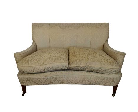 Edwardian twin seater sofa with serpentine front, on square taper legs and castors, 130cm wide130cm wide (at arms), max depth