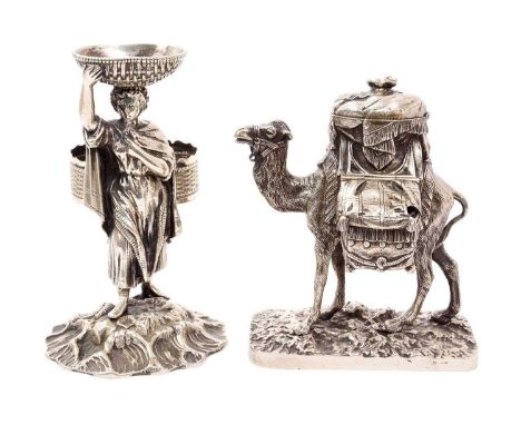 Victorian silver plated table condiment, in the form of a standing camel, with side mounted salt and pepper panniers and a se
