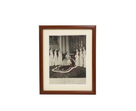 Rare H.M. Queen Elizabeth II signed photograph of Her Majesty seated with her Maids of Honour at her Coronation in1953, signe