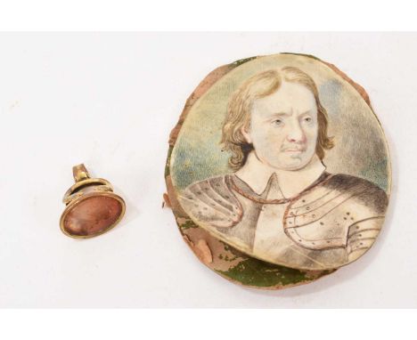 Watercolour on ivory depicting of Oliver Cromwell, 19th century or earlier, oval, 9 x 8cm (a.f.) together with an 18th / 19th
