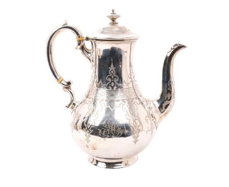 Victorian silver coffee pot of baluster form, with engraved decoration and initials, hinged domed cover and silver handle, wi