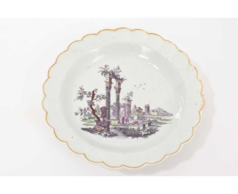 A Worcester small plate, circa 1770, printed and painted by Robert Hancock with ruins, 15.5cm diameter