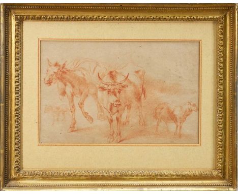 Attributed to Nicholas Berchem (1620-1683) red chalk sketch of animals, 17cm x 27cm, in glazed gilt frame