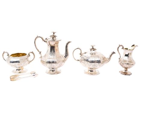 Victorian silver four piece tea and coffee set, comprising tea pot of octagonal form, with engraved scroll and foliate decora