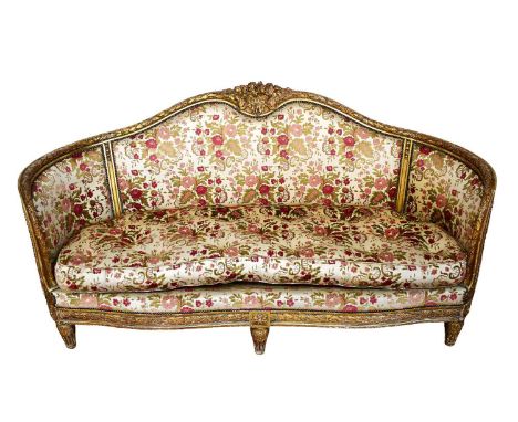 Good quality 19th century carved giltwood framed sofa, rounded form with arched back, ornate gilt carved laurel leaf showwood