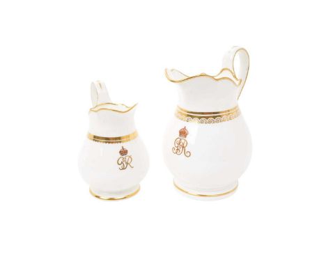 King George V Large milk jug, probably Mintons with gilt scroll band and painted crowned GRV cyphers 16cm and similar Royal C