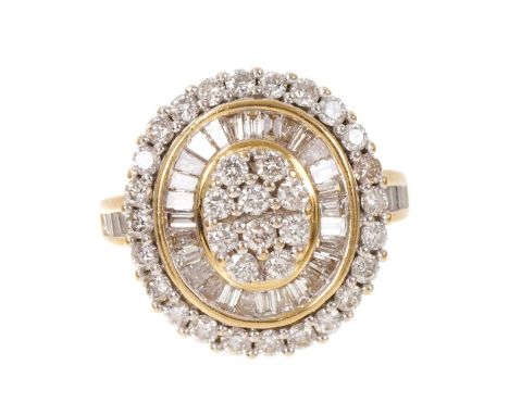 Diamond cluster ring with a central cluster of ten brilliant cut diamonds surrounded by a border of baguette cut diamonds and