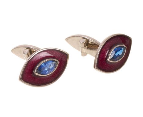 Pair of 18ct white gold, enamel and marquise-cut blue sapphire cufflinks, sponsors mark JF. London 2008.Weighs approximately 